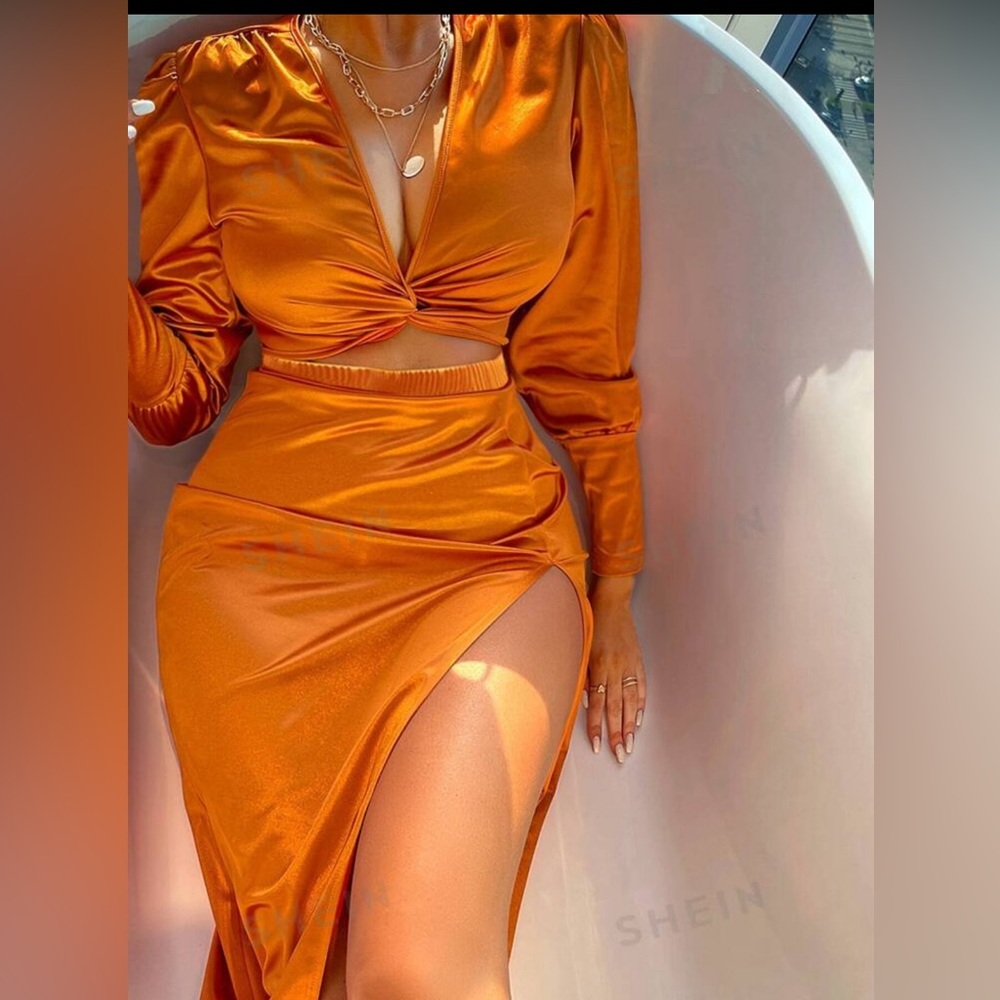 Orange SHEIN sexy plunging neck twist front cut out split thigh satin dress